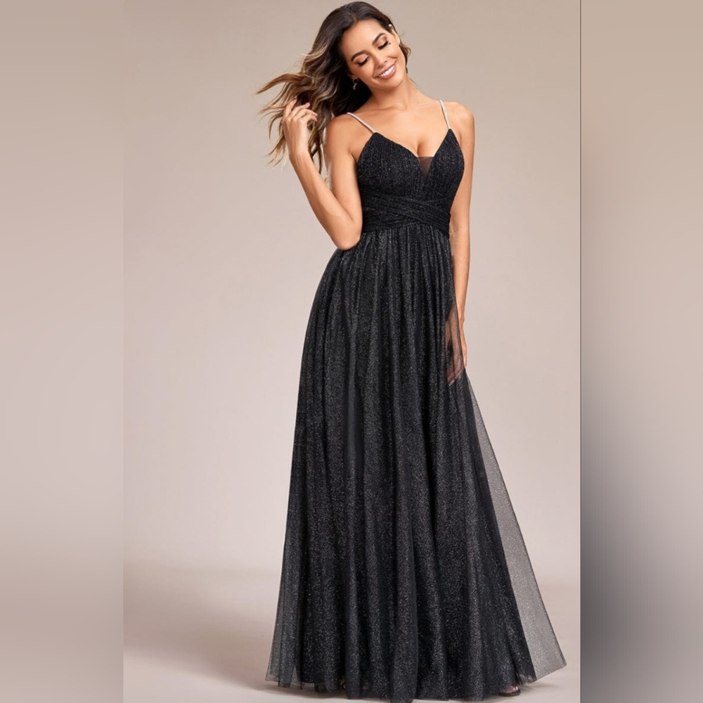 Ever Pretty Black Glittery Tulle Maxi Gown Size 4XL Spaghetti Strap Formal Dress